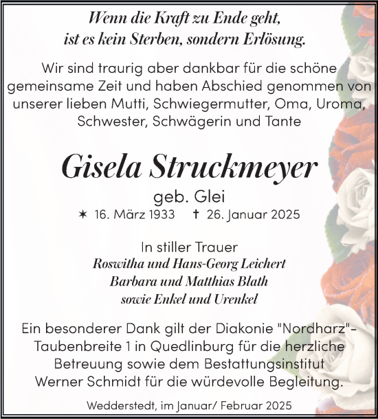 Traueranzeige von Gisela Struckmeyer von Trauerkombi Quedlinburg