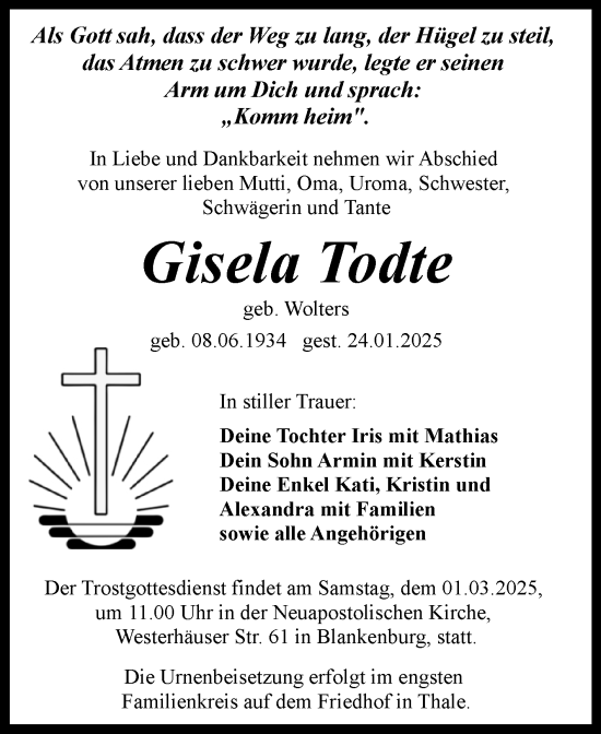 Traueranzeige von Gisela Todte von Trauerkombi Quedlinburg