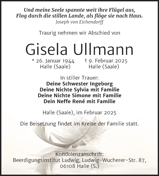 Traueranzeige von Gisela Ullmann von Mitteldeutsche Zeitung Halle/Saalkreis