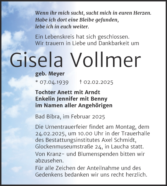 Traueranzeige von Gisela Vollmer von Super Sonntag Naumburg/Nebra