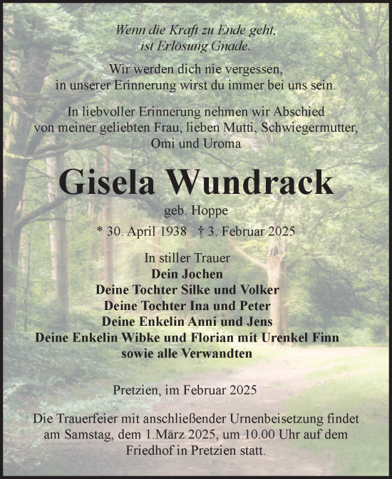 Traueranzeige von Gisela Wundrack von Volksstimme Burg/Genthin