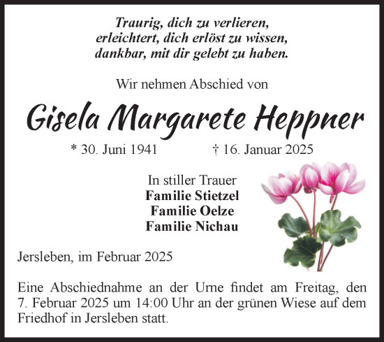 Traueranzeige von Gisela Margarete Heppner von Volksstimme Haldensleben/Wolmirstedt