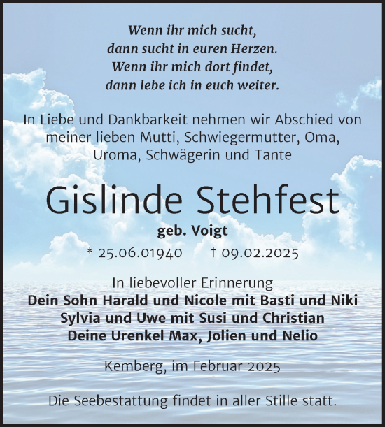 Traueranzeige von Gislinde Stehfest von Trauerkombi Wittenberg