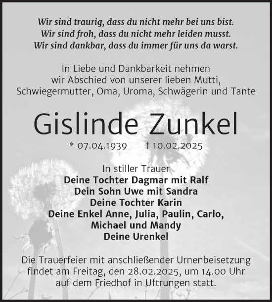 Traueranzeige von Gislinde Zunkel von Trauerkombi Sangerhausen