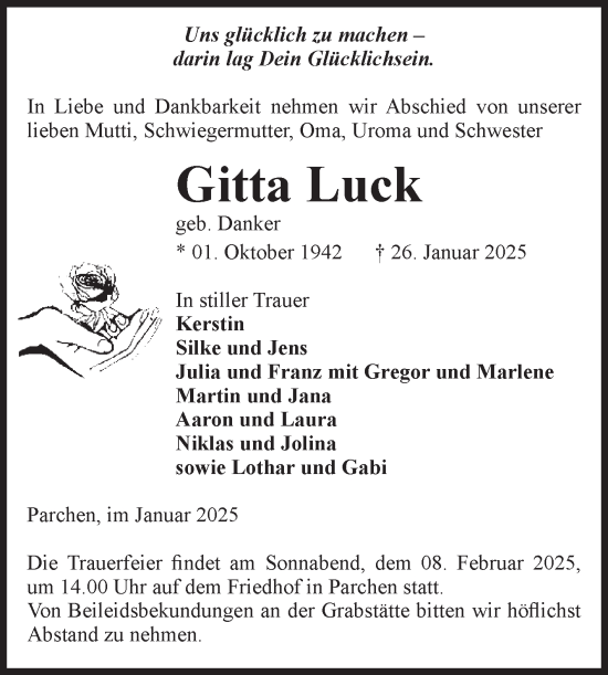 Traueranzeige von Gitta Luck von Volksstimme Burg/Genthin