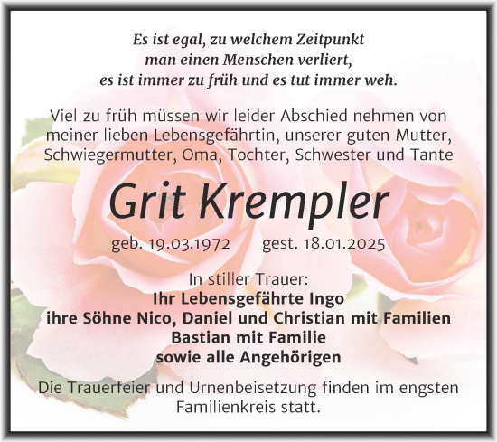 Traueranzeige von Grit Krempler von Trauerkombi Sangerhausen