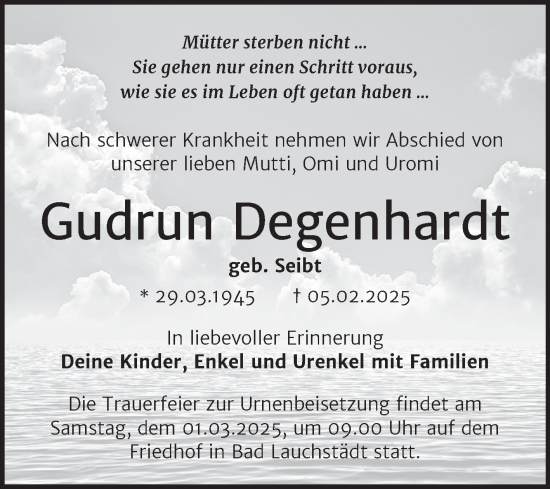 Traueranzeige von Gudrun Degenhardt von Trauerkombi Merseburg