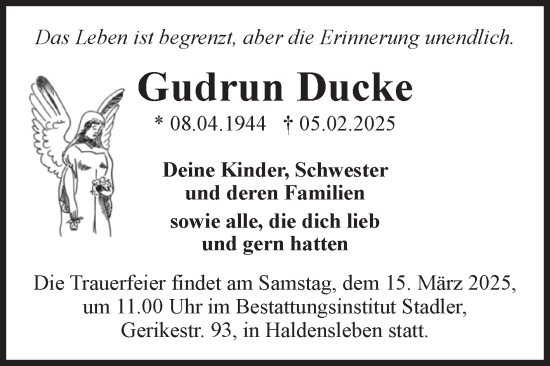 Traueranzeige von Gudrun Ducke von Volksstimme Haldensleben/Wolmirstedt