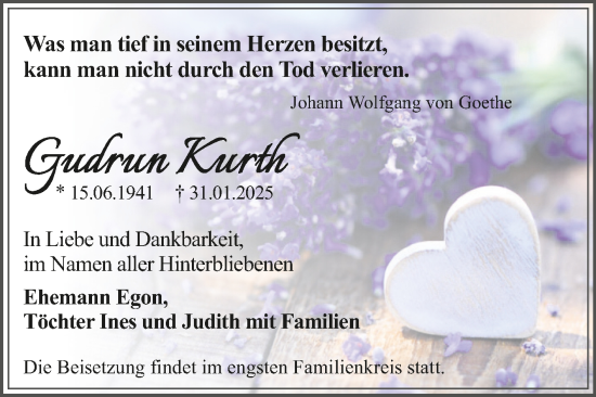 Traueranzeige von Gudrun Kurth von Trauerkombi Dessau