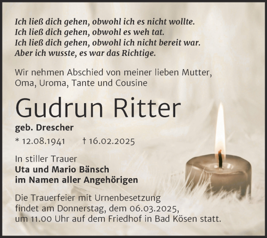 Traueranzeige von Gudrun Ritter von Super Sonntag Naumburg/Nebra