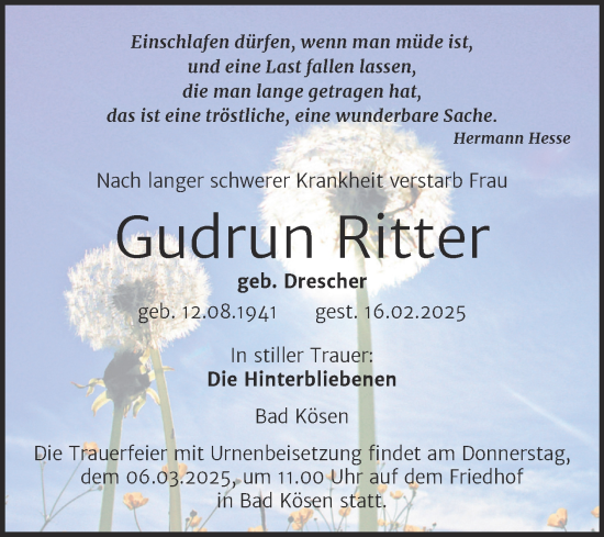 Traueranzeige von Gudrun Ritter von Super Sonntag Naumburg/Nebra
