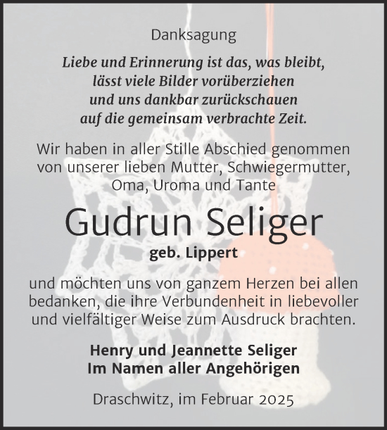 Traueranzeige von Gudrun Seliger von Trauerkombi Zeitz