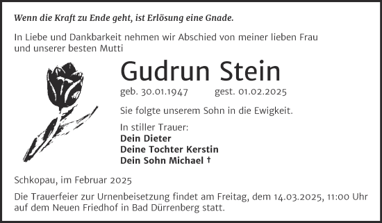 Traueranzeige von Gudrun Stein von Trauerkombi Merseburg