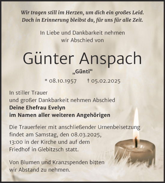 Traueranzeige von Günter Anspach von Trauerkombi Bitterfeld