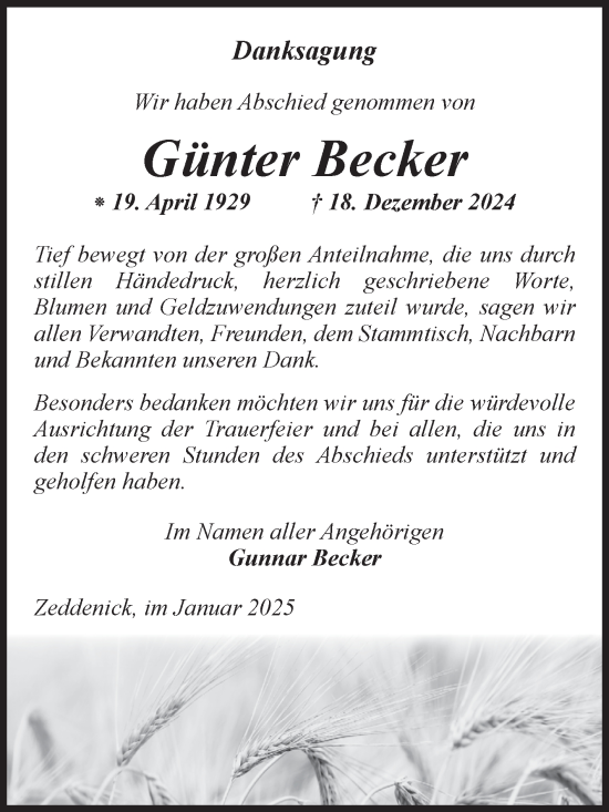 Traueranzeige von Günter Becker von Volksstimme Burg/Genthin