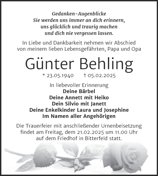 Traueranzeige von Günter Behling von Trauerkombi Bitterfeld
