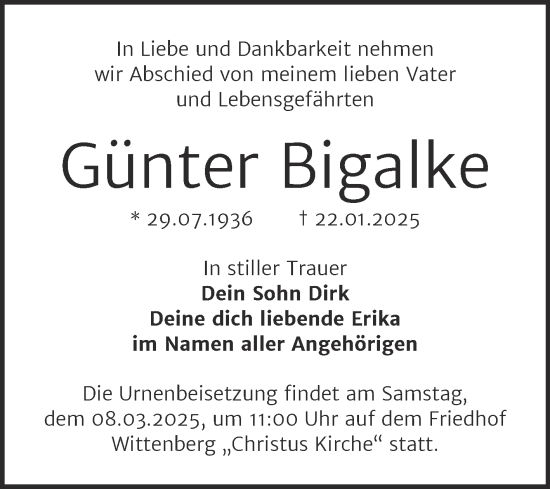 Traueranzeige von Günter Bigalke von Trauerkombi Wittenberg