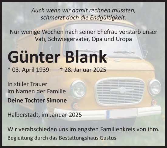 Traueranzeige von Günter Blank von Volksstimme Halberstadt