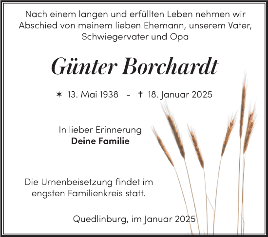 Traueranzeige von Günter Borchardt von Trauerkombi Quedlinburg