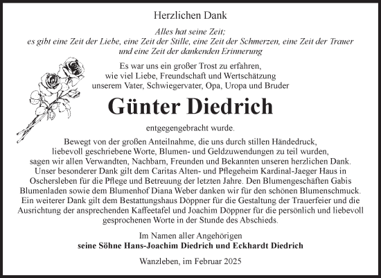 Traueranzeige von Günter Diedrich von Volksstimme Oschersleben/Wanzleben