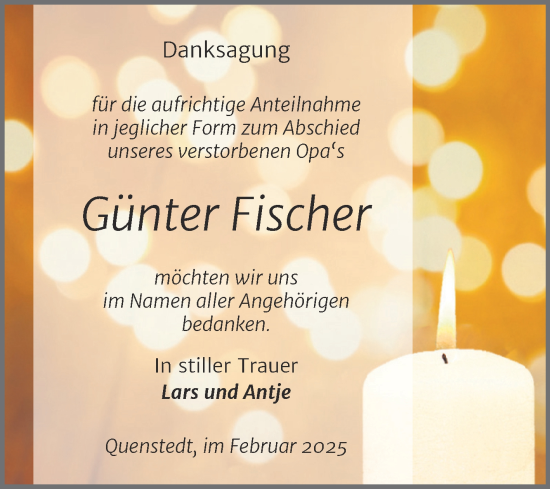 Traueranzeige von Günter Fischer von Trauerkombi Mansfelder Land