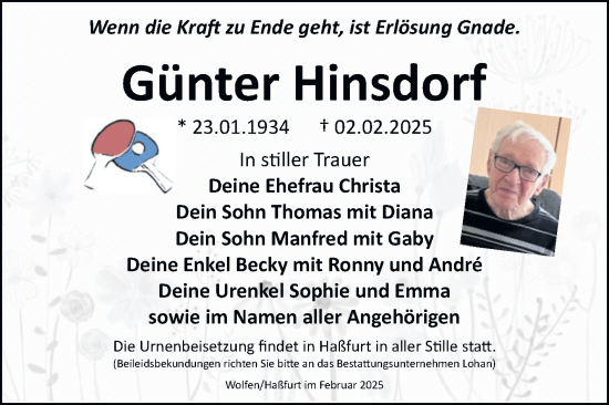 Traueranzeige von Günter Hinsdorf von Trauerkombi Bitterfeld