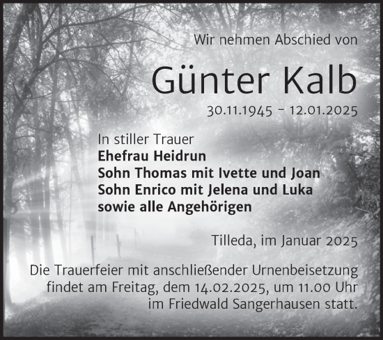 Traueranzeige von Günter Kalb von Mitteldeutsche Zeitung Sangerhausen