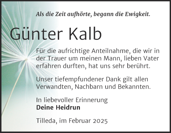 Traueranzeige von Günter Kalb von Mitteldeutsche Zeitung Sangerhausen