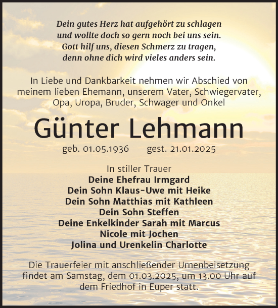 Traueranzeige von Günter Lehmann von Trauerkombi Wittenberg