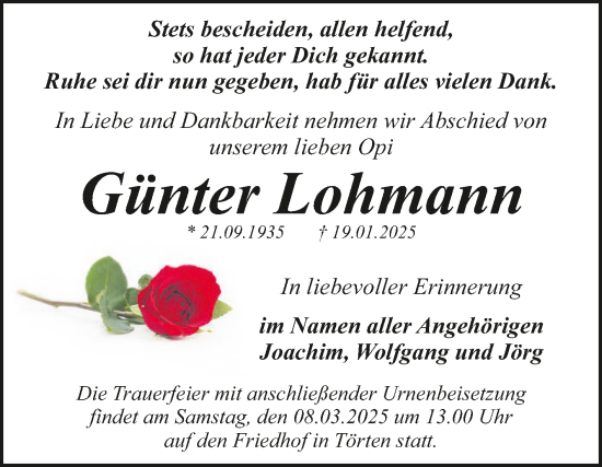 Traueranzeige von Günter Lohmann von Trauerkombi Dessau