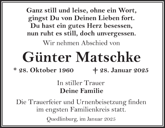 Traueranzeige von Günter Matschke von Trauerkombi Quedlinburg