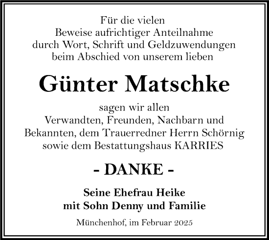 Traueranzeige von Günter Matschke von Trauerkombi Quedlinburg