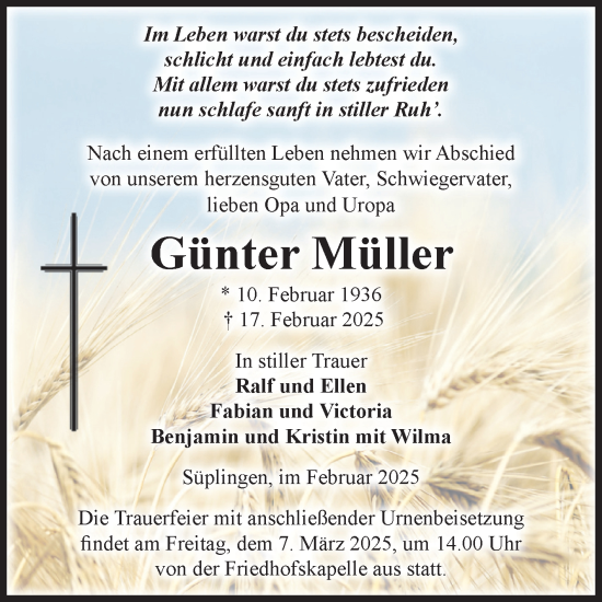 Traueranzeige von Günter Müller von Volksstimme Haldensleben/Wolmirstedt
