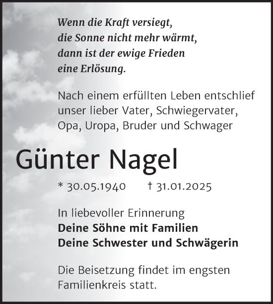 Traueranzeige von Günter Nagel von Mitteldeutsche Zeitung Mansfelder Land