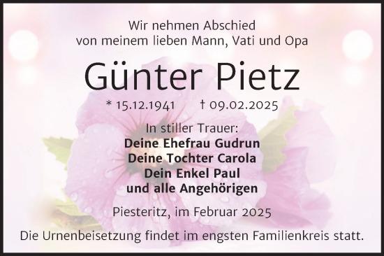 Traueranzeige von Günter Pietz von Trauerkombi Wittenberg
