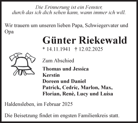 Traueranzeige von Günter Riekewald von Volksstimme Haldensleben/Wolmirstedt