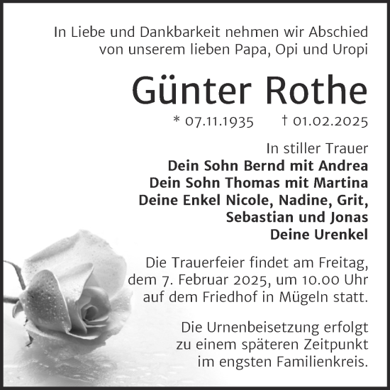 Traueranzeige von Günter Rothe 