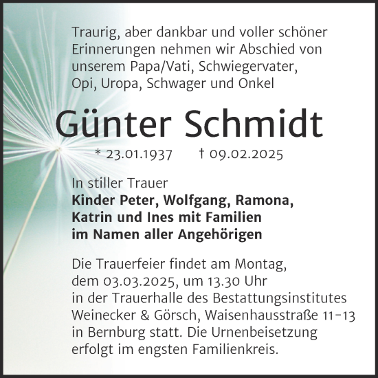 Traueranzeige von Günter Schmidt von Trauerkombi Bernburg
