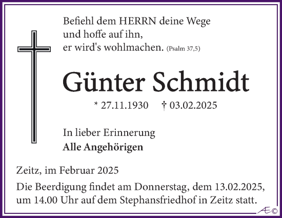 Traueranzeige von Günter Schmidt von Trauerkombi Zeitz