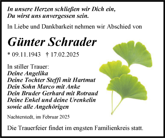 Traueranzeige von Günter Schrader von Trauerkombi Aschersleben