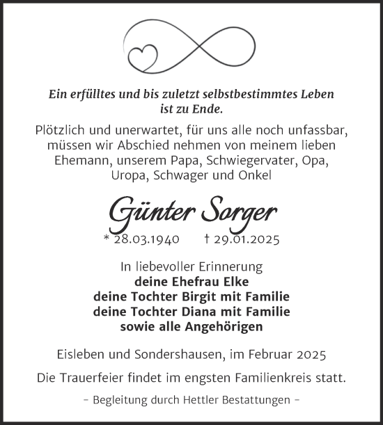 Traueranzeige von Günter Sorger von Trauerkombi Mansfelder Land
