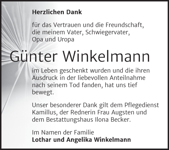 Traueranzeige von Günter Winkelmann von Trauerkombi Sangerhausen