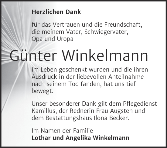 Traueranzeige von Günter Winkelmann von Trauerkombi Sangerhausen