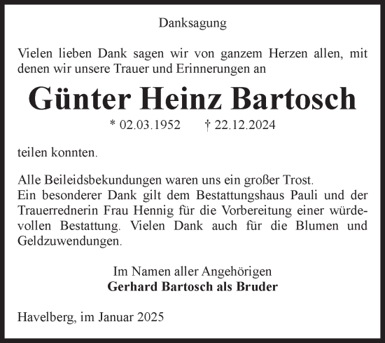 Traueranzeige von Günter Heinz Bartosch von Volksstimme Altmark Ost