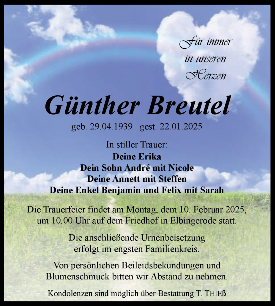Traueranzeige von Günther Breutel von Volksstimme Wernigerode