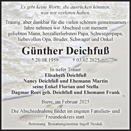Traueranzeige von Günther Deichfuß von Volksstimme Schönebeck