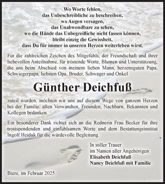 Traueranzeige von Günther Deichfuß von Volksstimme Schönebeck