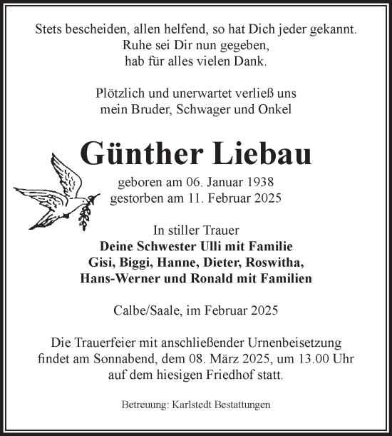 Traueranzeige von Günther Liebau von Volksstimme Schönebeck