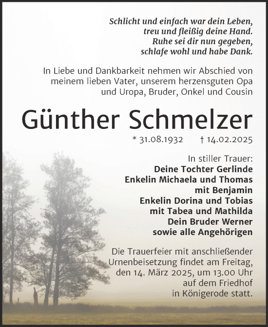 Traueranzeige von Günther Schmelzer von Trauerkombi Quedlinburg