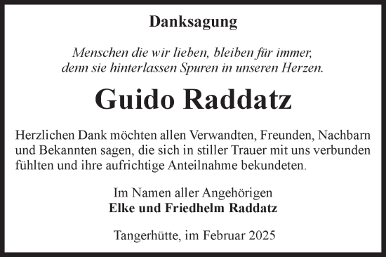 Traueranzeige von Guido Raddatz von Volksstimme Altmark Ost